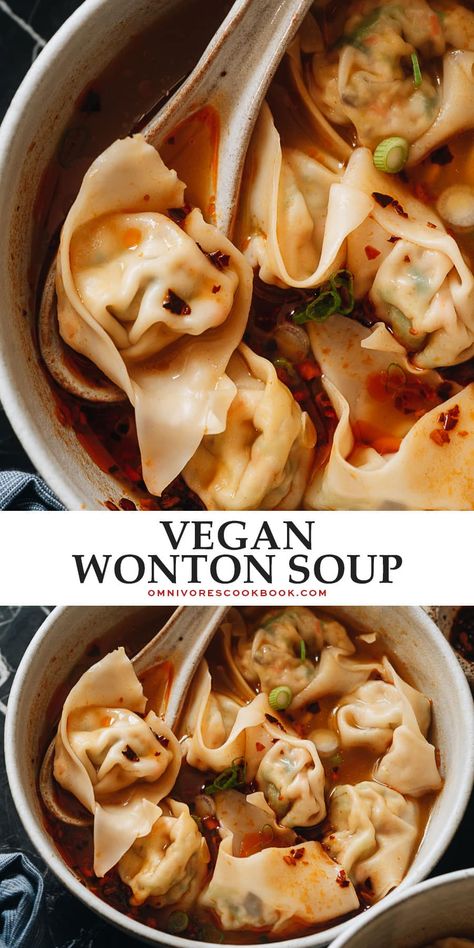 Vegan Wonton Soup is a restaurant-quality treat that celebrates the bright flavors and diverse textures of a number of different veggies. The homemade broth is rich with umami and deeply comforting. The wontons and soup combine for a bowl of hot nourishment that is hard to beat. Veg Wonton Soup Recipe, Wonton Soup Recipe Vegetarian, Vegan Wedding Soup, Vegetarian Wonton Soup, Homemade Wonton Soup Recipe, Vegan Wonton Soup, Dumpling Vegetarian, Vegan Asian Soup, Vegan Dumpling Soup