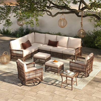 Create a luxurious and inviting outdoor space with the 8-Person Rattan Sectional Seating Group. Crafted with meticulous attention to detail and designed for both style and comfort, this exquisite furniture set will transform your patio into a haven of relaxation and elegance. Picture yourself lounging on plush cushions, basking in the warm sunshine, while surrounded by the natural beauty of handwoven rattan. The seating group exudes a timeless charm that effortlessly blends with any outdoor sett Outdoor Furniture Layout, Deck Furniture Layout, Brown Outdoor Furniture, Patio Furniture Layout, Sectional Patio Furniture, Wicker Patio Furniture Set, Patio Sectional, Modern Patio, Deck Furniture