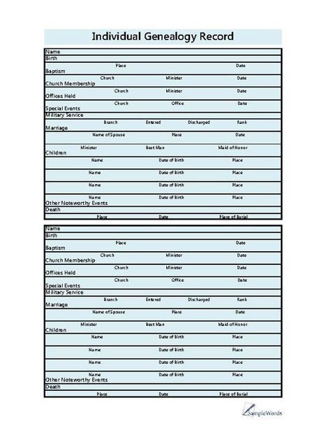 Individual Genealogy Record This individual record can be used during genealogy research to document personal information regarding an indiv... Family Tree Template Free Printables Genealogy Forms, Ancestry Printables, Genealogy Printables, Free Genealogy Records, Family Tree Forms, Genealogy Templates, Ancestry Tree, Family Tree Printable, Genealogy Organization