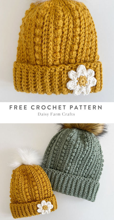 gold crochet hat with daisy flower on the brim Fall Beanie Crochet Pattern, Cool Crochet Beanie Pattern Free, Size 6 Yarn Crochet Hat Patterns Free, Size 5 Yarn Crochet Hat, Cool Crochet Hat Patterns, Crochet Beanie Hat Pattern, Crochet Beanie With Flower, Crochet Beanie With Brim, Crochet Caps Free Pattern