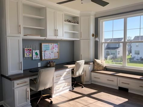 Office With Peninsula Desk, Home Office With Two Desks, Office With Two Desks, Hidden Desk, Home Office Built Ins, Office Update, Office Built Ins, Home Office Cabinets, Airbnb House