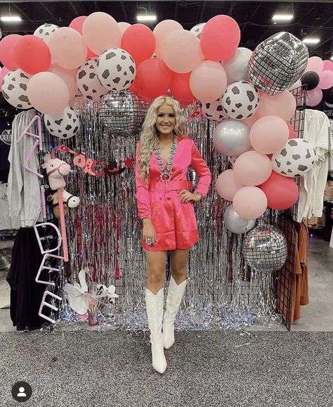 Disco Cowgirl 40th Birthday Party, 18th Birthday Cowgirl Theme, Cow Print Disco Party, Last Rodeo Graduation Party, Pink Cowgirl 21st Birthday Party, Disco Cowgirl Balloon Garland, Disco Cowgirl Sweet 16, Rhinestone Cowgirl Birthday Party, Western Disco Party