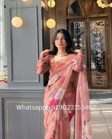 Price 1495/-❣️ whatsapp us on +919023153462✔️ Peach floral partywear Georgette saree #PeachSaree#FloralSaree#GeorgetteSaree#DesignerSaree#EthnicWear#FashionSaree#ElegantSaree#IndianFashion#TraditionalSaree#FestiveSaree Farewell Saree, Farewell Sarees, Wedding Fits, Organza Suits, Peach Saree, Floral Saree, Georgette Saree, Fancy Sarees, Georgette Sarees