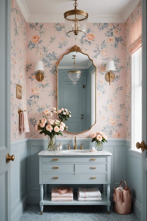 20 Girly Bathroom Wallpaper Designs – ToolzView Blue French Bathroom Ideas, Half Wallpaper Powder Room, Positano Inspired Bathroom, Powder Room Inspo Wallpaper, Whimsical Bathroom Wallpaper, Charming Bathroom Ideas, Vintage Pink Bathroom Wallpaper, Girly Powder Room, Wallpaper Girls Bathroom