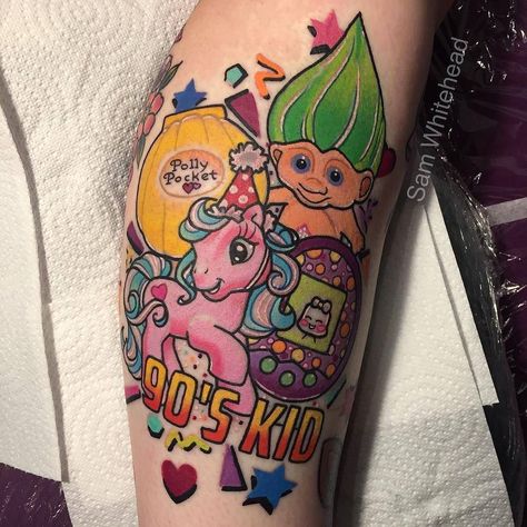 90's Kid tattoo by @samwhiteheadtattoos at Blind Eye Tattoo Companyin Leeds U.K. #samwhiteheadtattoos #samwhitehead #leeds #uk #unitedkingdom #90s #90skid #mylittlepony #mylittleponytattoo #troll #trolldoll#trolltattoo #trolldolltattoo #pollypocket#pollypockettattoo #tamagotchi #tamagotchitattoo 90s Baby Tattoo, My Little Pony Tattoo, 90s Tattoos, Baby Tattoo Designs, Leeds Uk, Retro Tattoos, Tattoo Inspiration Men, Cartoon Character Tattoos, Theme Tattoo