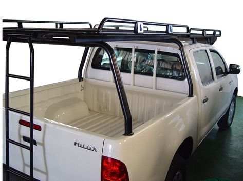 AFN - ROOF RACK FOR HILUX VIGO WITH LADDER - www.ramingo4x4.it Truck Rack Ideas, Ladder Rack Truck, Camping 4x4, Truck Roof Rack, Custom Truck Beds, Hilux Vigo, Truck Bed Camper, Truck Tent, Truck Mods