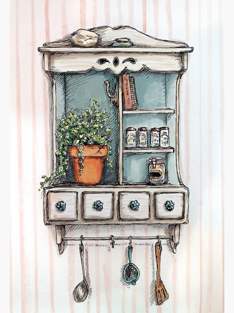 "Little Shelf" Greeting Card for Sale by StrangePersimon | Redbubble Drawing Of Kitchen, Shelf Drawing, Cottagecore Drawing, Watercolor Kitchen, Kitchen Illustration, Interior Design Sketchbook, Little Shelf, Art & Craft Paint, Architecture Drawing Art