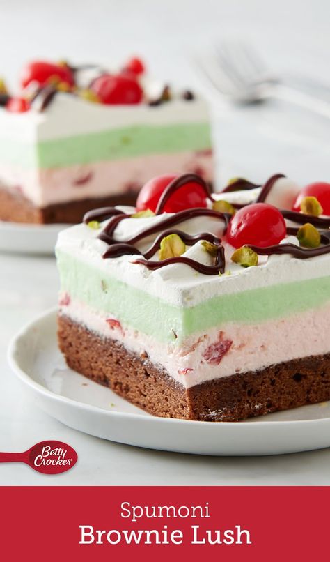 Spumoni Cake Recipe, Spumoni Brownie Lush, No Churn Spumoni Ice Cream Pioneer Woman, Italian Ice Cream Desserts, Italian Ice Cream Cake, Pistachio Trifle Desserts, Spumoni Ice Cream Cake, Spumoni Pie, Spumoni Ice Cream Cake Recipe