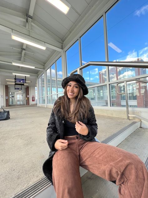 brown corduroy pants • reversible jacket • fuzzy bucket hat • long sleeved crop top Fuzzy Bucket Hat, Brown Corduroy Pants, Sleeved Crop Top, Reversible Jacket, Brown Corduroy, Corduroy Pants, Fashion Outfit, Long Sleeve Crop Top, Neutral Colors