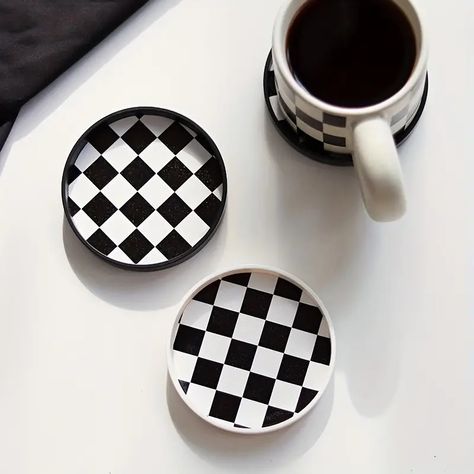 Black White Checkerboard Tea Coasters Desktop Thermal - Temu Door Mat Decor, Tapestry Hanger, Absorbent Coasters, Tea Coaster, Retro Shop, Plant Vase, White Cups, Cup Mat, Nordic Home