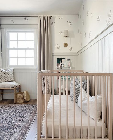 Neutral Nursery With Panelling, Double Nursery Ideas, Bead Board And Wallpaper Nursery, Gender Neutral Nursery Board And Batten, Beige Crib Nursery, Sea Salt Sherwin Williams Nursery, Batton Board Nursery, Low Ceiling Nursery, Nursery With Beadboard Walls