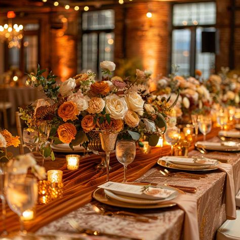 Discover how to create a stunning burnt orange wedding theme with beautiful floral arrangements, elegant table settings, and breathtaking ceremony backdrops for a romantic and unforgettable celebration. Burnt Orange Wedding Florals, Burnt Orange Wedding Theme, Orange Wedding Theme, Oct Wedding, Brown Wedding Themes, Green Wedding Theme, Emerald Green Wedding Theme, Orange Wedding Decorations, Thanksgiving Floral Arrangements