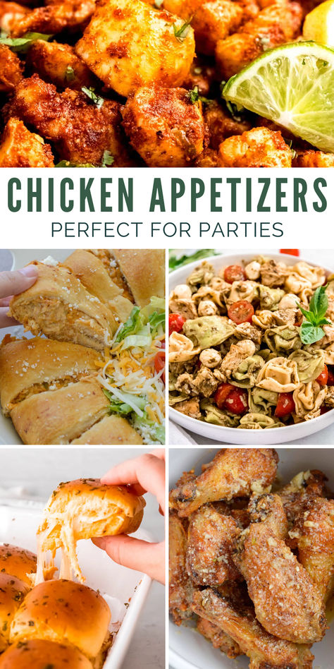 These chicken appetizers for parties and snacking will always hit the spot! Easy appetizers like dips, sliders, and pasta salad are easy to share. Guests will always ask for these great chicken appetizer recipes.  Many party apps double as great lunch recipes! Don’t worry about leftovers–These Garlic Parmesan Wings will be the perfect midday pick-me-up. This Chicken Taco Crescent Ring reheats perfectly and is perfectly portioned for parties or lunches! Rotisserie Chicken Recipes Appetizers, Chicken Appiterzers For Party, Snacks With Chicken, Chicken Snacks Recipes Appetizers, Rotisserie Chicken Appetizer Recipes, Chicken Finger Foods Appetizers, Chicken Party Food, Pesto Chicken Sliders, Chicken Salad Hors D’oeuvres