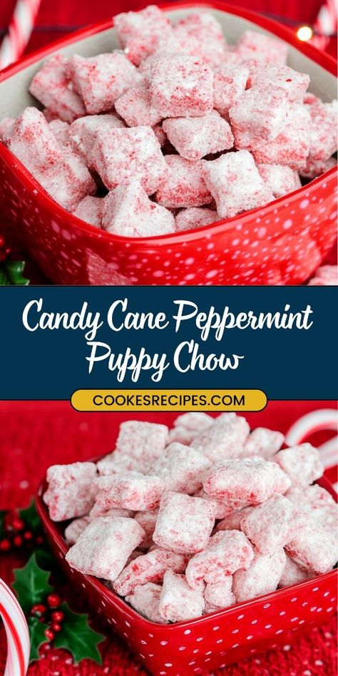 Candy Cane Puppy Chow, Peppermint Puppy Chow Recipe, Peppermint Puppy Chow, Peppermint Bark Puppy Chow, Hot Chocolate Dip Recipe, Peppermint Baking, Christmas Puppy Chow, Reindeer Chow Recipe, Puppy Chow Christmas