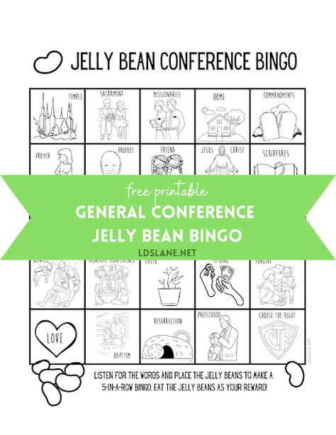 General Conference Jelly Bean Bingo General Conference Bingo 2024, General Conference Bingo, Conference Bingo, Conference Activities, General Conference Activities, Conference Ideas, Activity Day Girls, Bingo Sheets, Lds General Conference