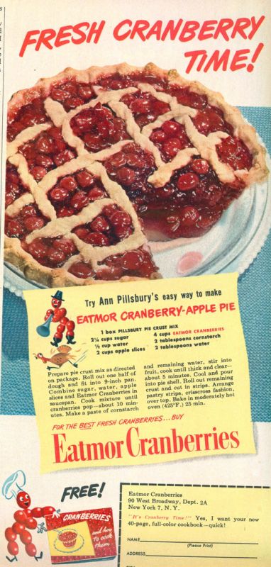 Cranberry-Apple Pie...as appeared on this vintage ad for Eatmor cranberries Apple Cranberry Pie, Vintage Thanksgiving, Handwritten Recipes, Vintage Cooking, Apple Cranberry, Grandmas Recipes, Food Ads, Thanksgiving Desserts, Vintage Cookbooks