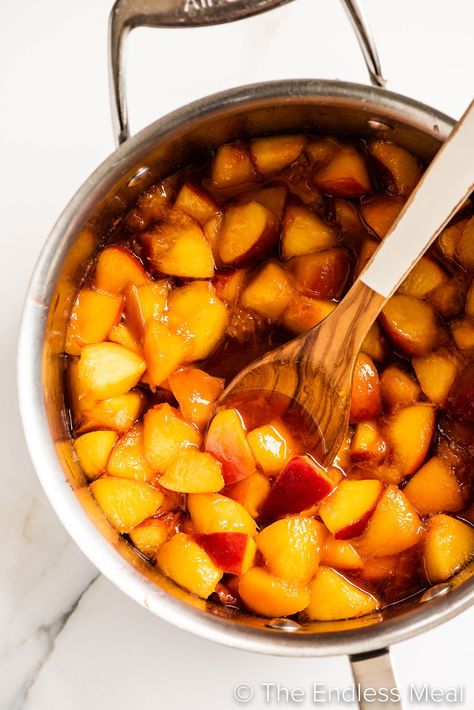 Savor the sweet taste of summer with this maple peach compote. It's a versatile recipe that's perfect over pancakes, waffles, or vanilla ice cream. It's quick and easy-to-make, and uses only 3 ingredients! #theendlessmeal #peachcompote #compote #peach #peaches #syrup #peachsyrup Healthy Barbecue Sauce, Diy Barbecue Sauce, Peach Bbq Sauce Recipe, Barbecue Sauce Recipe Easy, Freezing Peaches, Peach Pancakes, Diy Barbecue, Healthy Barbecue, Barbecue Sauce Recipe