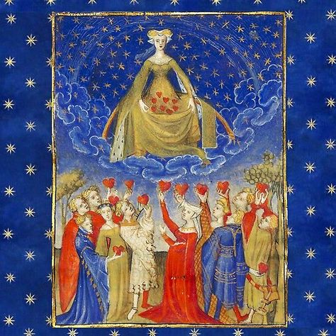 QUEEN OF HEARTS IN STARRY NIGHT ,HOMAGE TO VENUS Medieval Miniature #queenofhearts,#tarots #vintage #medieval #miniature #venus #beauty #hearts #ValentinesDay #love #lovers #Stars #astrology #astrologist #blue Medieval Reactions, Christine De Pizan, Medieval Memes, Medieval Artwork, Art Humor, Medieval Paintings, History Jokes, Medieval Woman, Bad Art