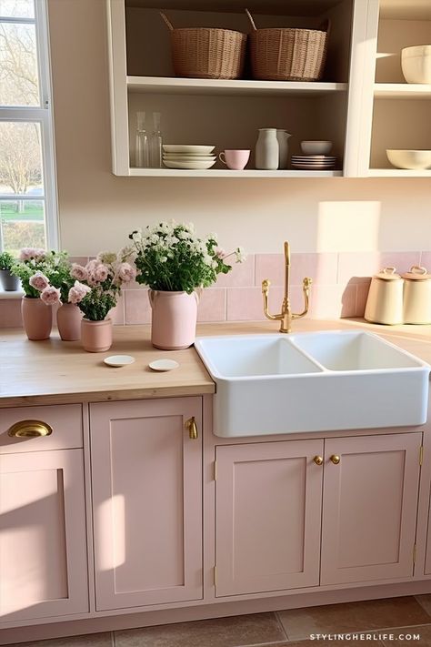 Cottagecore Kitchen Design: How to blend rustic charm with modern style - Cottagecore Kitchens, Floor Kitchen Ideas, Pink Kitchen Cabinets, Brick Floor Kitchen, Butcher Block Countertops Kitchen, Kitchen Cupboard Colours, Farmhouse Style Dining Table, Pink Cabinets, Cottagecore Kitchen