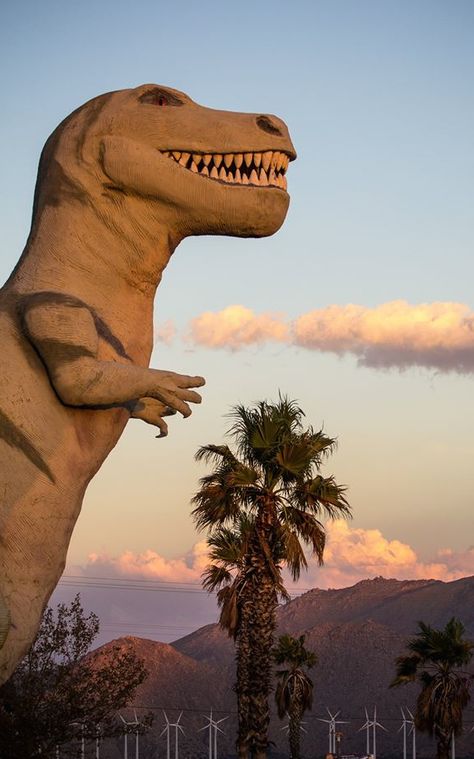 Cabazon dinosaurs outside Palm Springs Palm Springs Dinosaur, Cabazon Dinosaurs, Palm Springs Aesthetic, Googie Architecture, Dinosaur Age, Desert Chic, Dinosaur Necklace, Places In California, Abandoned Amusement Parks