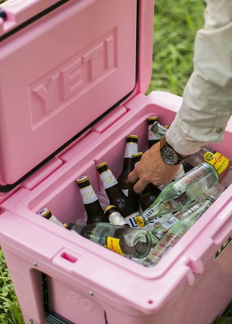 introducing the pink yeti Yeti Cooler Aesthetic, Pink Camping Gear, Beach Camping Ideas, Cooler Aesthetic, Pink Yeti Cooler, Cooler Photography, Girly Camping, Pink Camping, Tents Camping Glamping