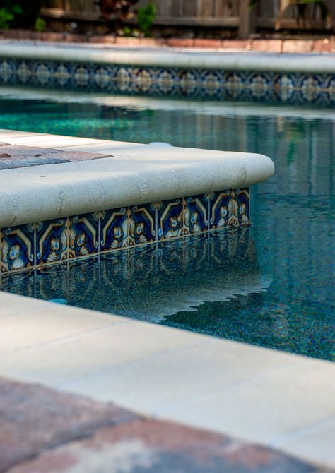 6x6 Pool Tile Ideas, Spanish Pool Design, Spanish Tile Pool, Pool Waterline Tile Ideas, Spanish Style Pool, Mosaic Tile Pool, Decorative Pool Tiles, Spanish Pool, Waterline Pool Tile