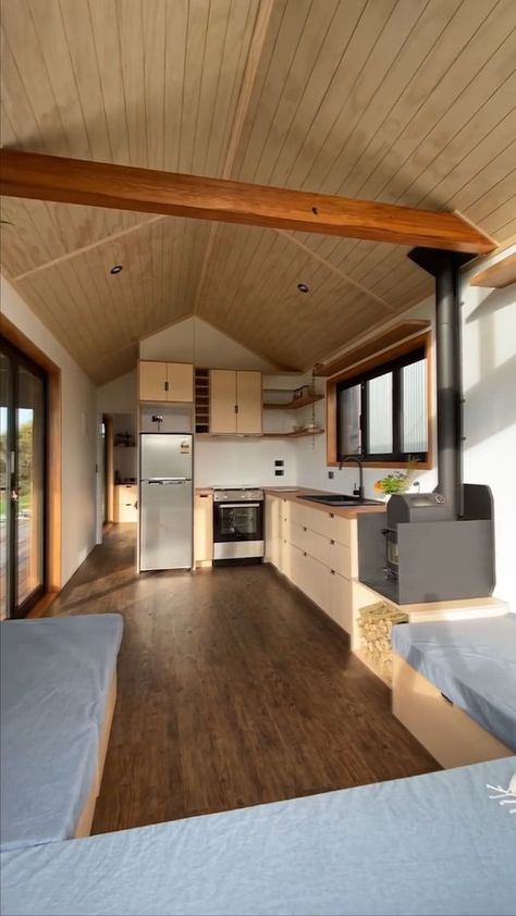 Incredible 310-sqft Single-Floor Tiny House! | bedroom, New Zealand, whale, house | Could you see yourself living in this beautiful 310-sqft "Whale" tiny house with a single-level? Where would you place it if you could anywhere in the... | By Dream Big Live Tiny Co. Single Level Tiny House, Tiny House Shed Conversion, Shed To Tiny House Conversion, Shed To House Conversion, Shed Conversion, Small Condo Decorating, Small Log Homes, House With Land, Tiny House Bedroom