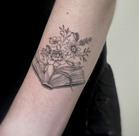 4:44 Tattoo Ideas, Bookish Spine Tattoos For Women, Book Leg Tattoo, Open Book Flower Tattoo, Open Book With Flowers Tattoo, Books With Flowers Tattoo, Book And Flowers Tattoo, Book Tattoos With Flowers, Book Floral Tattoo