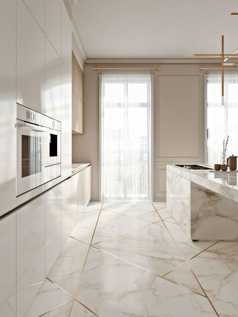 Stunning Elegant Kitchen With Gold Touches - Decoholic Marble Kitchen Island, Elegant Kitchens, House Architecture, Kitchen Marble, Interior Modern, Stylish Kitchen, Counter Tops, White Cabinets, Floor Design