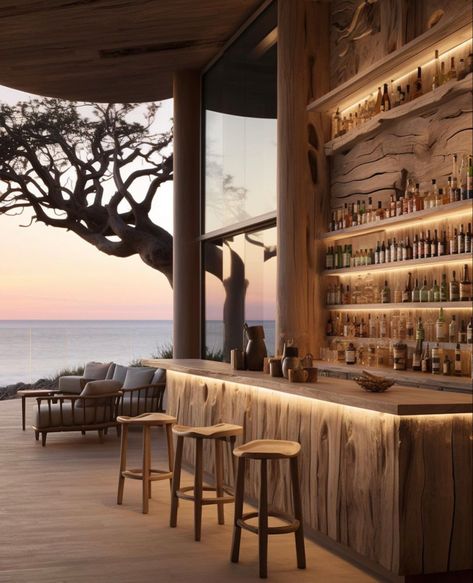 Resort Bar Design Beach Club, Earthy Bar Design, African Bar Design, Pool Bar Ideas, Beach House Bar, Wood House Design, Bar Counter Design, Organic Bar, Beach Interior