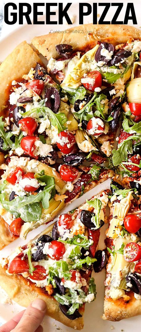 Greek Pizza Recipe, Pizza Video, Mediterranean Pizza, Greek Pizza, Chicken Pizza Recipes, Roasted Red Pepper Sauce, Whole Wheat Pizza, Carlsbad Cravings, Red Pepper Sauce