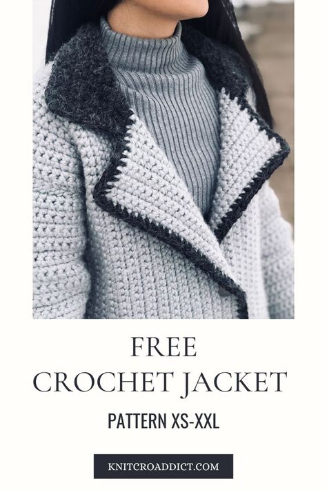 Learn how to make a modern crochet jacket with this free crochet jacket pattern and video tutorial. Includes women's sizes XS-XXL. #crochetpattern #moderncrochet #freecrochet Crochet Coat Free Pattern, Free Crochet Jacket Patterns, Crochet Coat Pattern, Crochet Sweater Free, Crochet Jacket Pattern, Blazer Pattern, Crochet Vest Pattern, Crochet Coat, Crochet Jacket