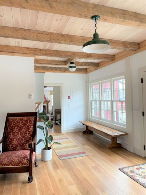 Knotty Pine Ceiling, Exposed Wood Ceilings, Exposed Beams Ceiling, Beams Living Room, Reclaimed Wood Beams, Barn Light Electric, Plank Ceiling, Converted Barn, Barn Light