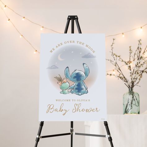 Decorate your baby shower with this "Over the Moon" Lilo and Stitch Foam Board, ideal for creating a magical atmosphere at your event. #FoamBoard #LiloAndStitch #BabyShowerDecor #OverTheMoon #StitchFan #DisneyBaby Lilo And Stitch Baby Shower Theme, Stitch Baby Shower Theme Boy, Stitch Baby Shower Ideas, Stitch Baby Shower Theme, Gender Reveal Baby Shower Themes, Stitch Wedding, Hawaiian Girl, Disney Baby Shower, Moon Baby Shower