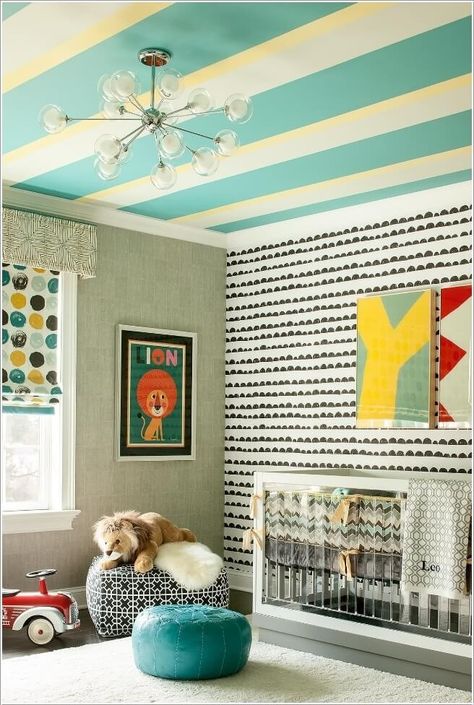 Nursery Ideas Boy, Mid Century Modern Nursery, Mid Century Nursery, Contemporary Nursery, Nursery Trends, Unique Nursery, Nursery Style, Striped Walls, Baby Themes