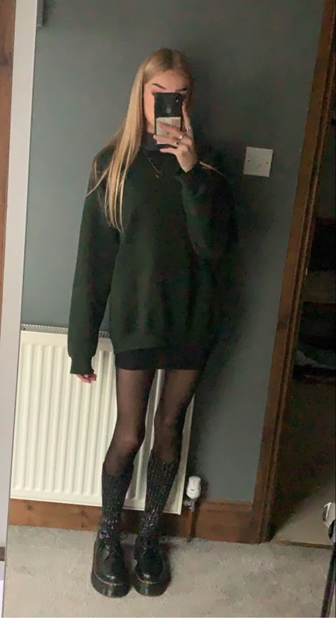 Oversized Top And Skirt, Docs And Dress, 1461 Quad Outfit, Outfits With 1461 Docs, Knee Warmers Outfit, 1461 Doc Martin Outfits, Black Jumper Skirt Outfit, Outfits With Platform Docs, Knee High Sock Outfits