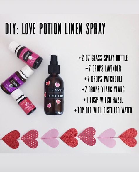 DIY Love Potion Linen Spray Diy Love Potion, Linen Spray Essential Oils, Diy Linen Spray, Essential Oil Spray Recipes, Essential Oil Roller Bottle Recipes, Essential Oils Young Living, Essential Oil Perfumes Recipes, Essential Oil Combinations, Essential Oil Diffuser Blends Recipes