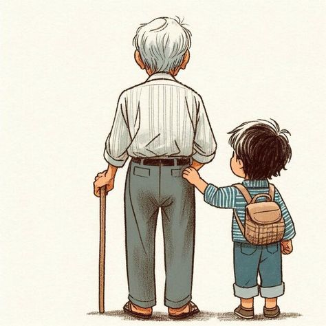 Photo hand painted illustration view fro... | Premium Photo #Freepik #photo Angel Illustration Drawing, Fatherhood Illustration, Grandad And Granddaughter, Old Parents, Grandpa Illustration, Old Illustration, Boy Cartoon, Old Man Drawing, Little Boy Drawing