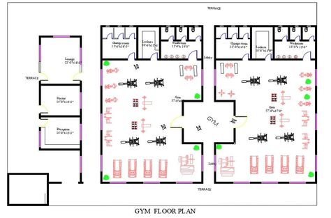 2D CAD drawing of GYM floor layout plan that shows changing room, lockers, washroom, and GYM with exercise equipment CAD blocks design. download GYM floor plan design DWG file. Gym Floor Plan, Wellness Center Design, Gym Architecture, Fitness Center Design, Yoga Room Design, Gym Plans, Interior Design Examples, Gym Design Interior, Gym Plan