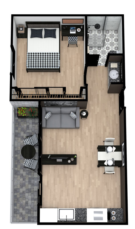 A black and white 3D floor plan with one bedroom, one bathroom, a single-wall kitchen, and a narrow balcony. Small Room Plan, Loft House Design Floor Plans, Tiny Apartment Layout, One Bedroom Apartment Ideas Floor Plans, Studio Layout Floor Plans, 3 Bedroom Small House Plans, One Bedroom Apartment Floor Plan, Apartment Design Plan, 1 Bedroom Apartment Floor Plan