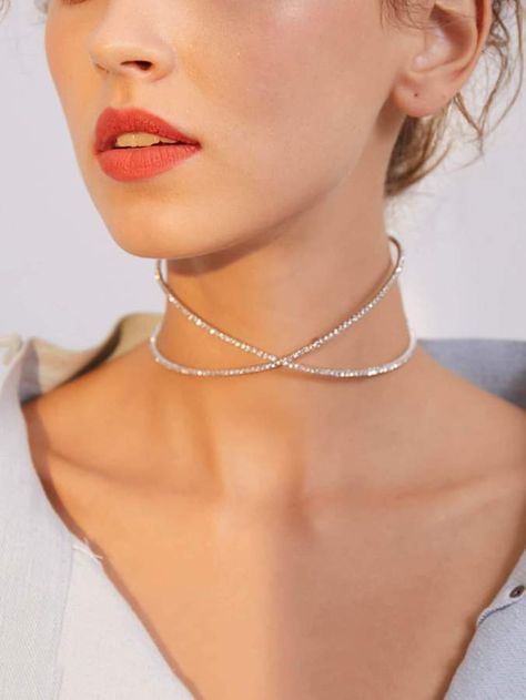 Shein Rhinestone Decor Criss Cross Choker 1pc Fancy Choker, Cross Choker Necklace, Cool Jewelry, Cross Choker, Choker Designs, Fancy Earrings, Rhinestone Decor, Classy Jewelry, Minimal Jewelry