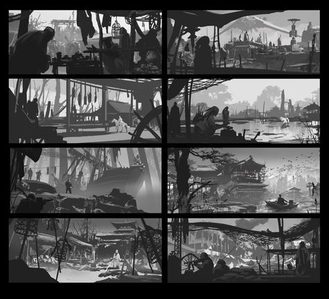 ArtStation - some black and white sketch, Junling Wang Concept Art Black And White, Black And White Environment Concept Art, Black And White Concept Art, Pencil Sketch Background, Value Painting, Sketch Background, Steampunk City, Environment Sketch, Bg Design