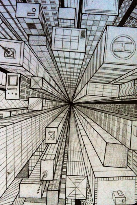 Top View Of City Perspective Drawing, 1 Point Perspective Cityscape, City Point Perspective, Future Drawing City, City From Above Drawing, How To Draw A City, Point Perspective Drawing, Building Perspective Drawing, Perspective Drawing Buildings