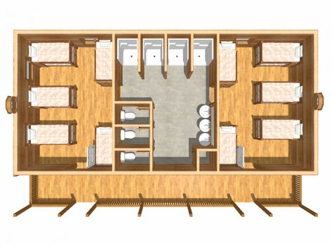 Summer Camp Cabin Layout, Moose Lodge, Hostels Design, Tiny House Village, Log Cabin Kits, Bunk Rooms, Cabin Floor, Cabin Floor Plans, Hotel Plan