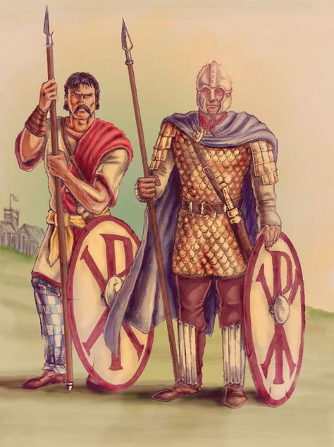 Romano British warriors, 5th Century AD by Popius on DeviantArt Romano British, Armour Ideas, British Knights, Fantasy Story Ideas, Military Illustration, Military Images, Roman Army, Army Poster, Roman Britain