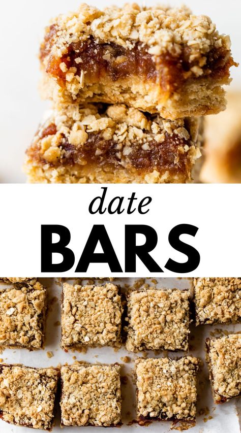 These easy Date Bars are a delightful sweet treat made with a buttery crust, a jammy date filling, and a pecan-oat crumble on top. Every bite tastes like nostalgia, with warm, comforting flavors and sweet dried fruit! Chewy Date Bars, Fruit Oat Bars, Date And Oat Bars, Date Crumble Bars, Coconut Date Bars, Homemade Date Bars, Dates Baking Recipes, Pecan Date Bars, Date Squares Healthy