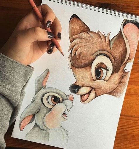 how-to-draw-easy-things-bambi-inspired-colourful-pencil-drawing-wooden-table Easy Pencil Drawings, Easy Disney Drawings, Drawing Hands, Draw Ideas, Things To Draw, Pencil Drawings Easy, Disney Concept Art, Portrait Paintings, Pinturas Disney