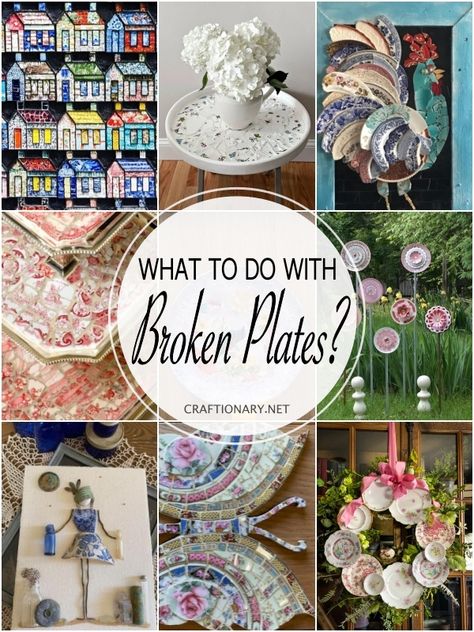 45 Broken plate crafts using china glass - Craftionary Diy Old Plates Upcycle, Old Dishes Garden Art, How To Make Jewelry Out Of Broken China, Ideas For Old China Dishes, China Mosaic Ideas, Old Plates Crafts Diy Projects, Crafts With China Dishes, Ceramic Mosaic Art Projects, Repurpose China Dishes