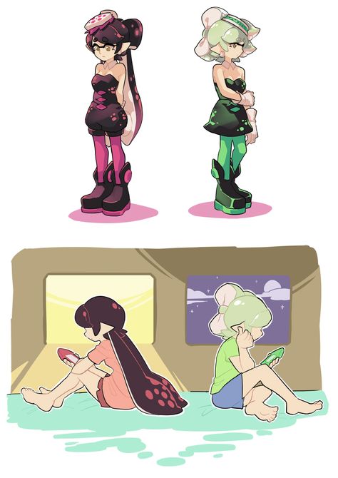 +_+ 2girls ankle_boots aori_(splatoon) arms_behind_back back-to-back bed black_boots black_hair blue_shorts boots casual cellphone comic cousins detached_collar domino_mask earrings food food_on_head gloves green_legwear green_shirt grey_hair holding holding_cellphone holding_phone hotaru_(splatoon) indoors inkling jewelry long_hair mask mole mole_under_eye multiple_girls night night_sky object_on_head phone pointy_ears purple_shirt purple_shorts shirt short_hair short_jumpsuit shorts silent_com Holding Cellphone, Detached Collar, Domino Mask, Splatoon Squid Sisters, Splat Tim, Shorts Boots, Splatoon Squid, Holding Phone, Squid Sisters