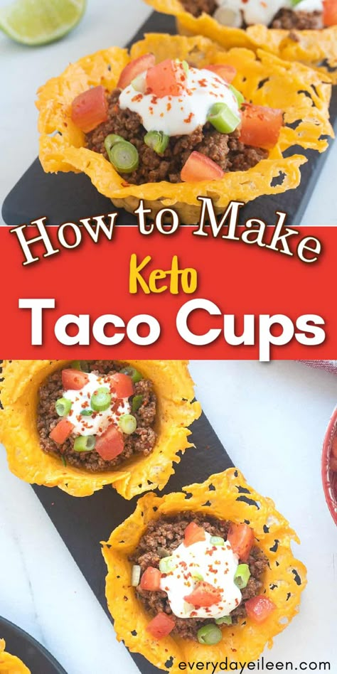 Easy Keto Taco Cups made with taco shells made of cheddar cheese filled with perfectly seasoned taco meat is a bite-size snack or meal. Top with your favorite toppings for a great low-carb appetizer or light dinner. Keto Taco Cups, Taco Cups Recipe, Keto Party Food, Keto Appetizer Recipes, Keto Tacos, Low Carb Appetizer, Keto Dinner Recipe, Taco Cups, Low Carb Tacos